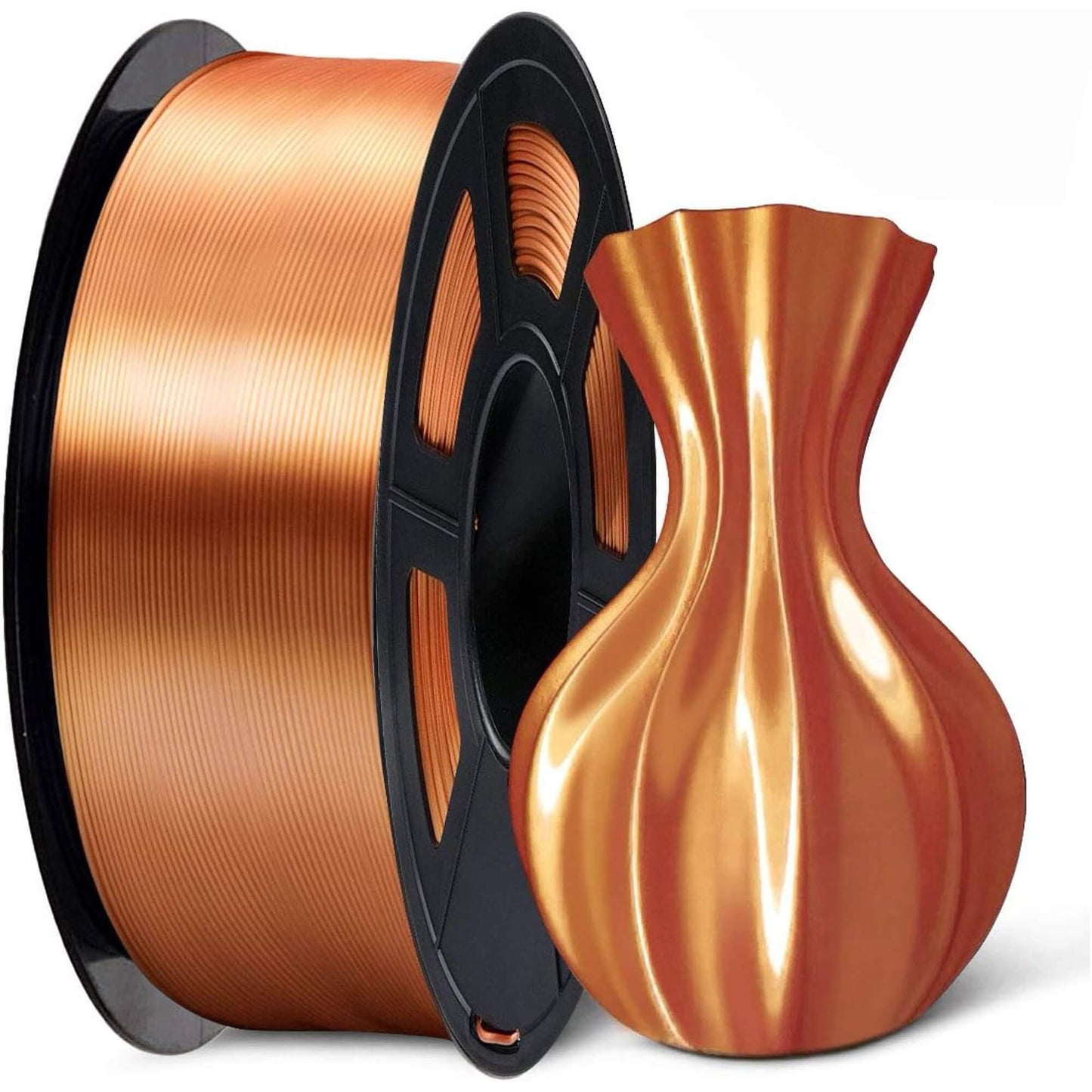 A spool of metallic copper-colored 3D printer filament shown next to a glossy ceramic vase with a matching copper finish, on a clean white background.