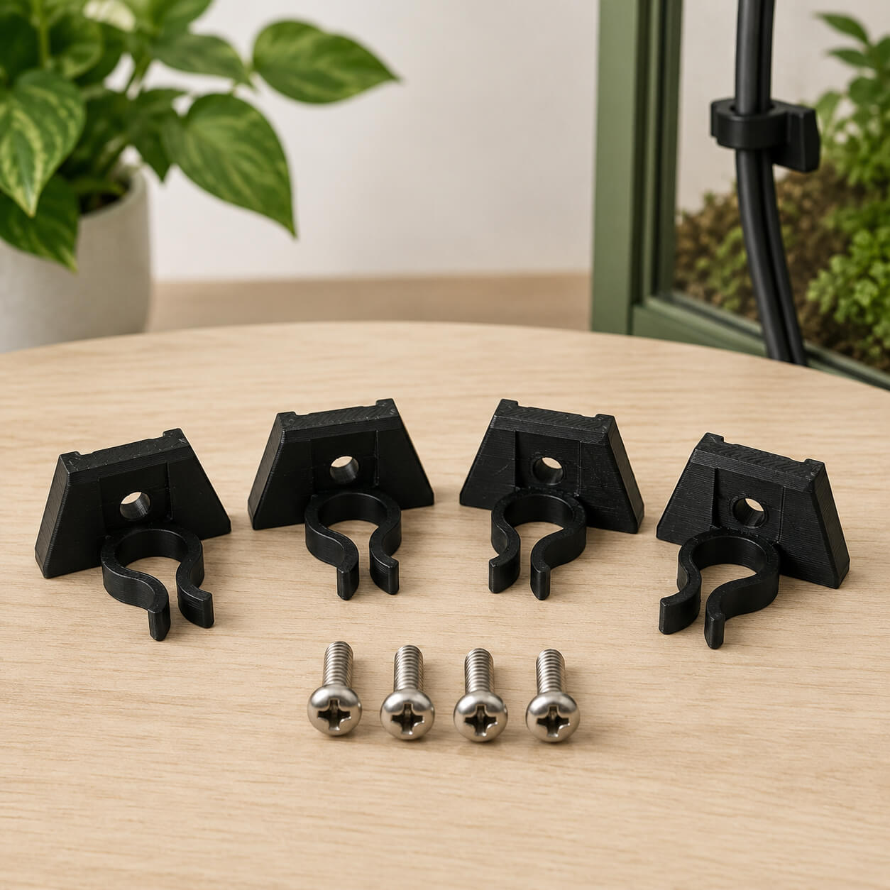 Set of black metal clips and screws on a wooden surface with plants in the background