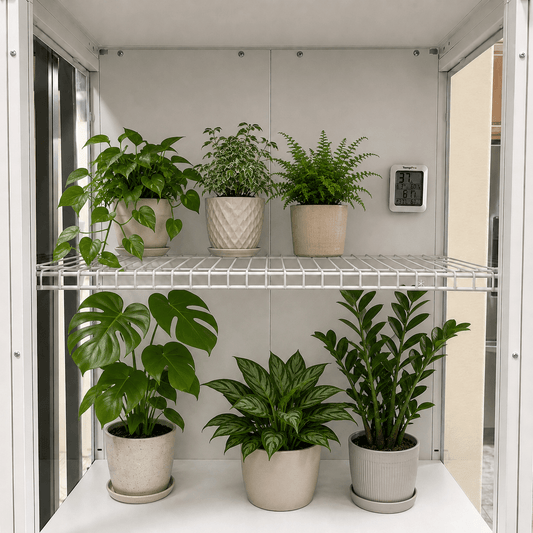 A white metal shelving unit holding six potted houseplants in beige and white ceramic pots against a light gray wall.