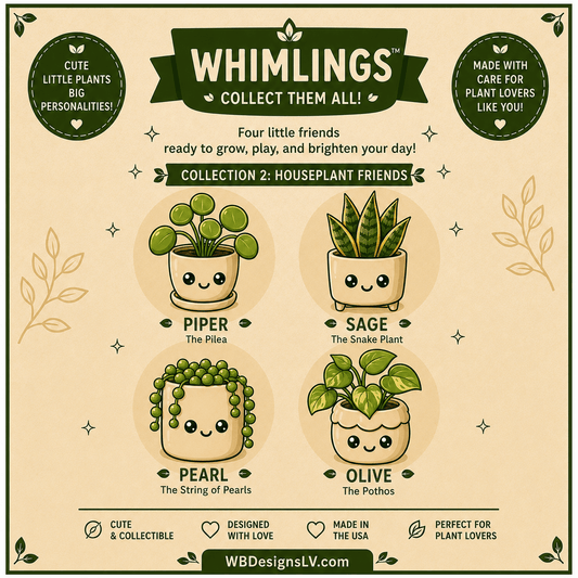 Whimlings Houseplant Friends characters Piper, Sage, Pearl, and Olive