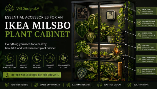 IKEA Milsbo plant cabinet with grow lights, circulation fan, and hygrometer displaying tropical plants