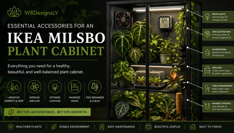 IKEA Milsbo plant cabinet with grow lights, circulation fan, and hygrometer displaying tropical plants