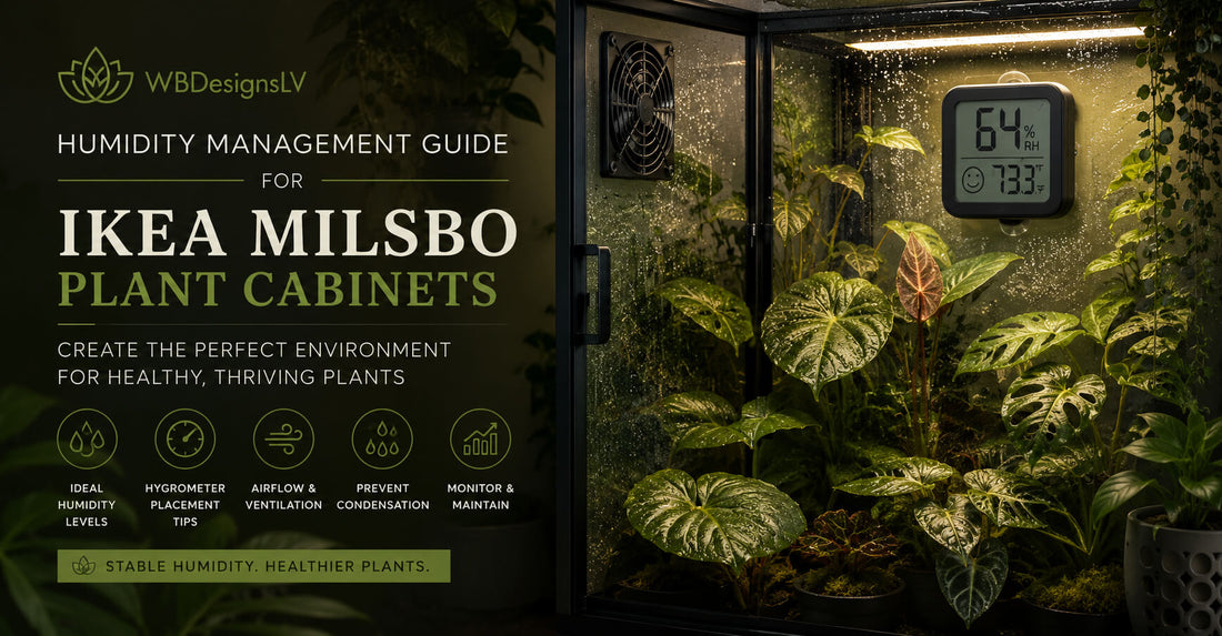 IKEA Milsbo plant cabinet with tropical plants and hygrometer showing humidity levels