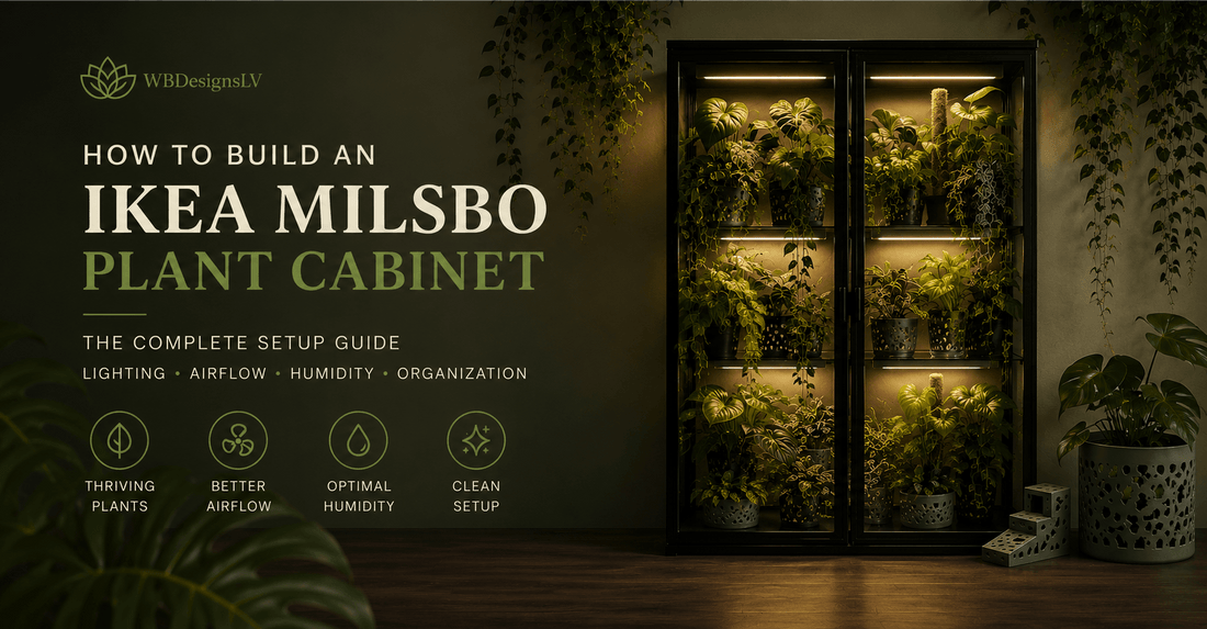 IKEA Milsbo cabinet converted into an indoor greenhouse plant cabinet with grow lights and tropical plants