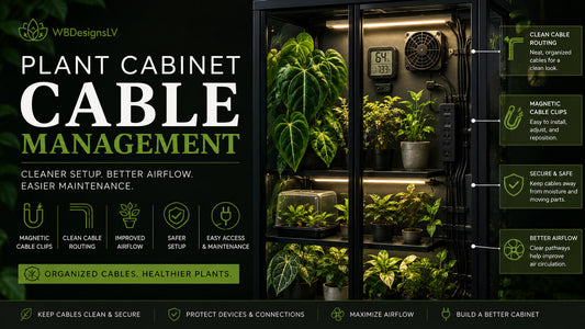 IKEA Milsbo plant cabinet with organized cable routing, magnetic clips, and grow light wiring