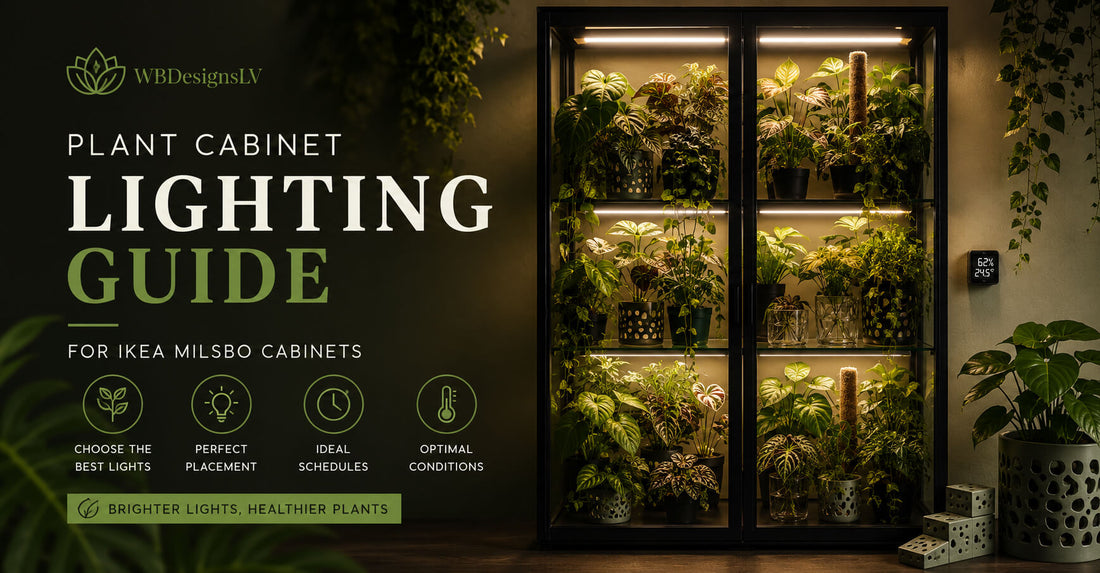 IKEA Milsbo plant cabinet with LED grow lights illuminating tropical plants on shelves