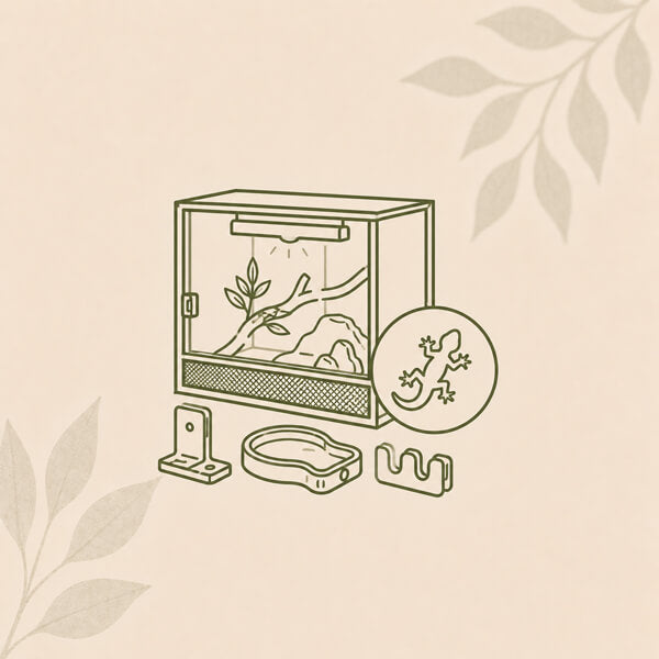 Reptile accessories collection icon with terrarium styling