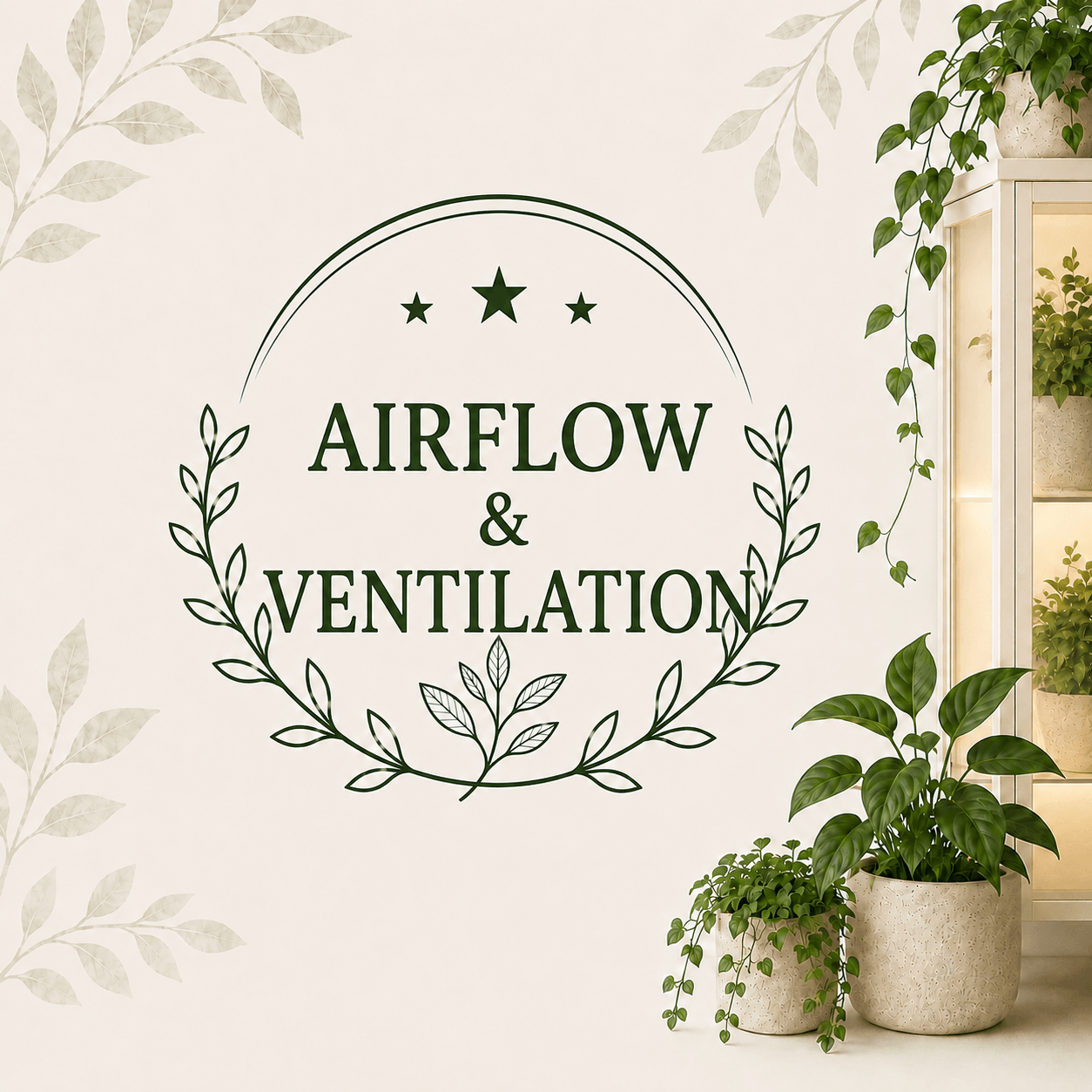 Airflow and Ventilation collection graphic with botanical accents and a softly lit plant cabinet.