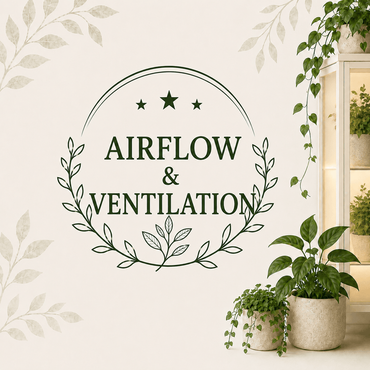 Airflow and Ventilation collection graphic with botanical accents and a softly lit plant cabinet.