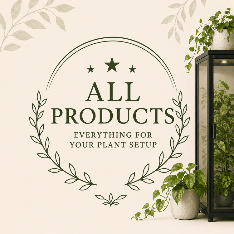 All Products collection graphic featuring a plant-filled glass cabinet and botanical styling.