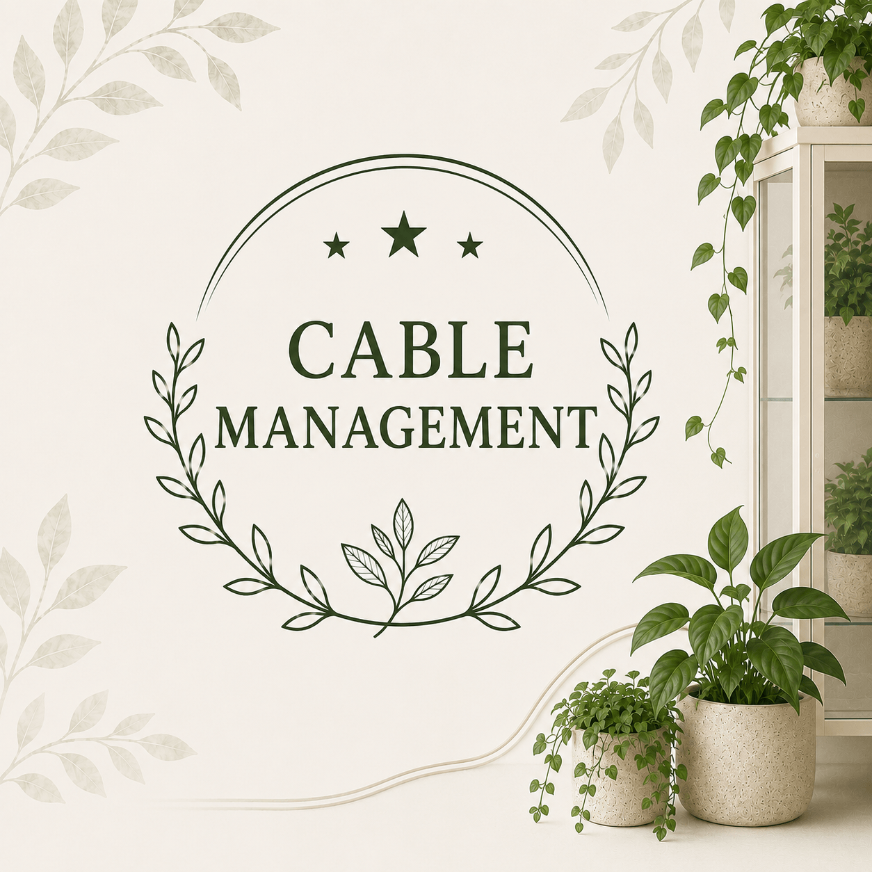 Cable Management collection graphic with botanical accents, houseplants, and a plant cabinet.