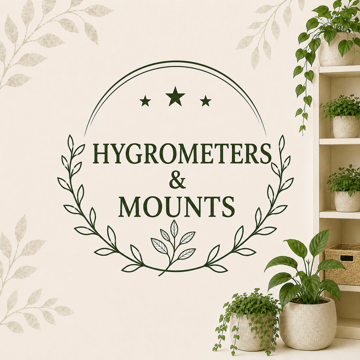 Hygrometers and Mounts collection graphic with houseplants, shelving, and botanical accents.