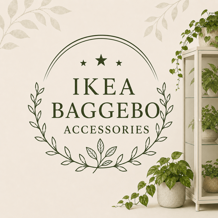 IKEA Baggebo Accessories collection with a white glass cabinet and green houseplants.