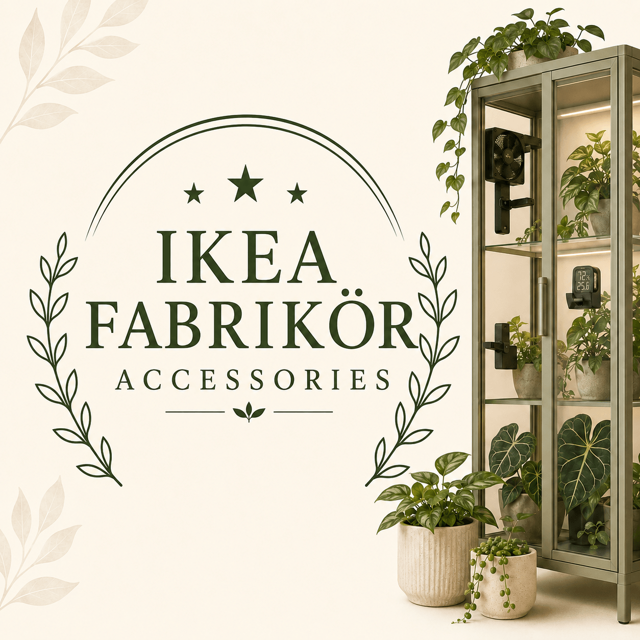 IKEA Fabrikör Accessories collection with a glass plant cabinet, houseplants, and botanical styling.