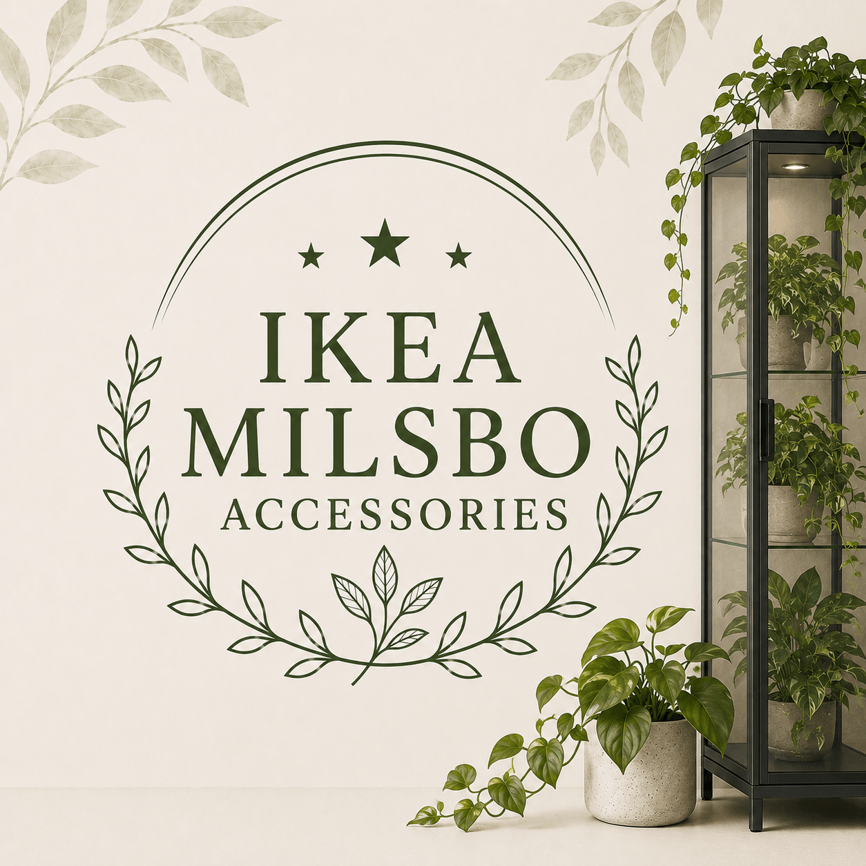 IKEA Milsbo Accessories collection with a black glass plant cabinet and green houseplants.