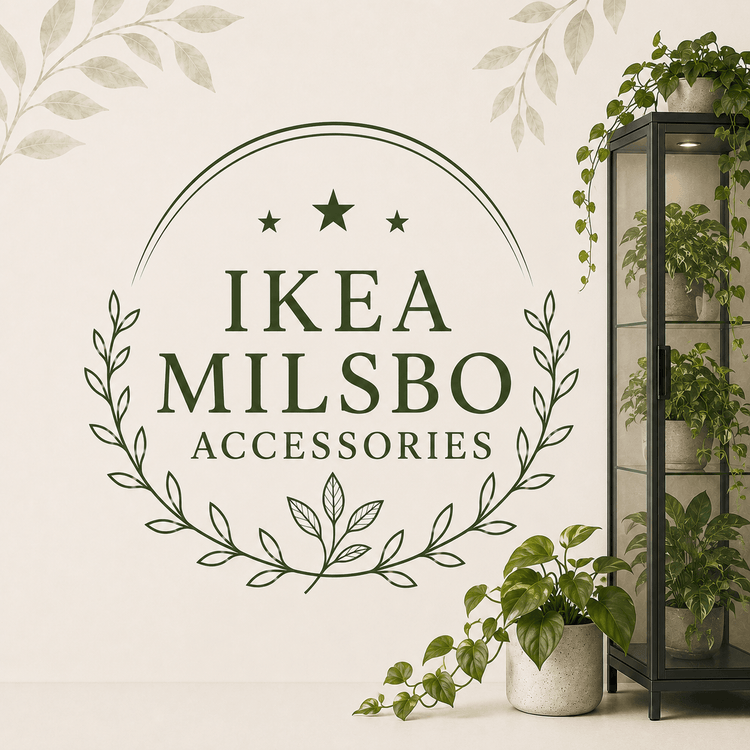 IKEA Milsbo Accessories collection with a black glass plant cabinet and green houseplants.