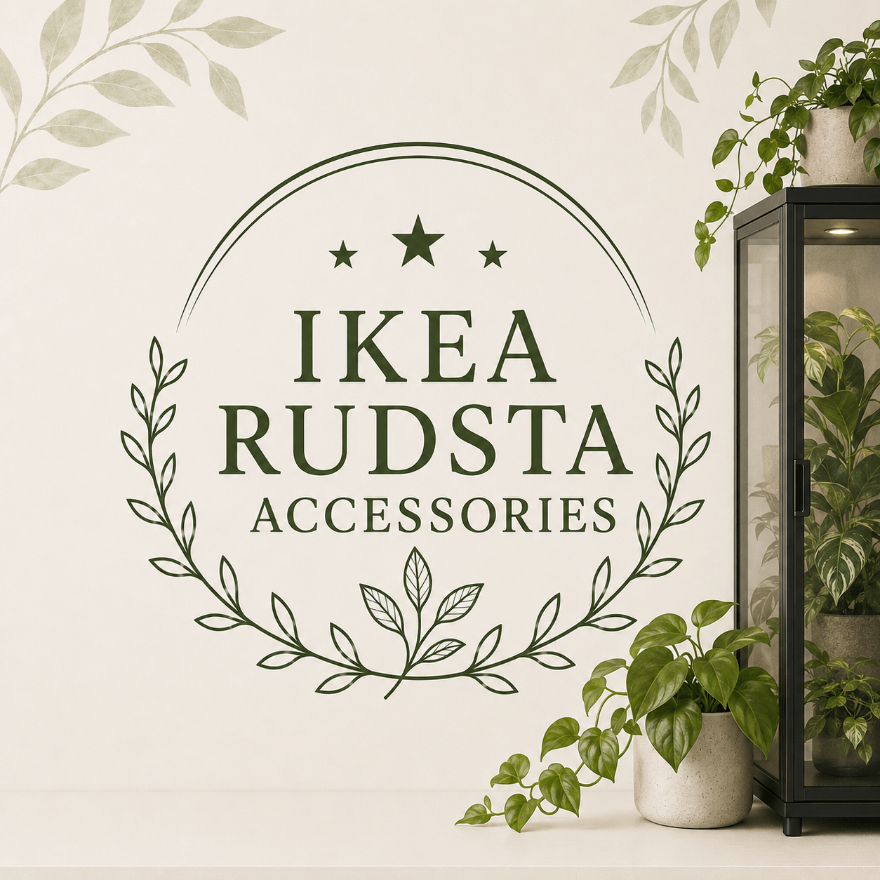 IKEA Rudsta Accessories collection with a black glass plant cabinet and botanical accents.