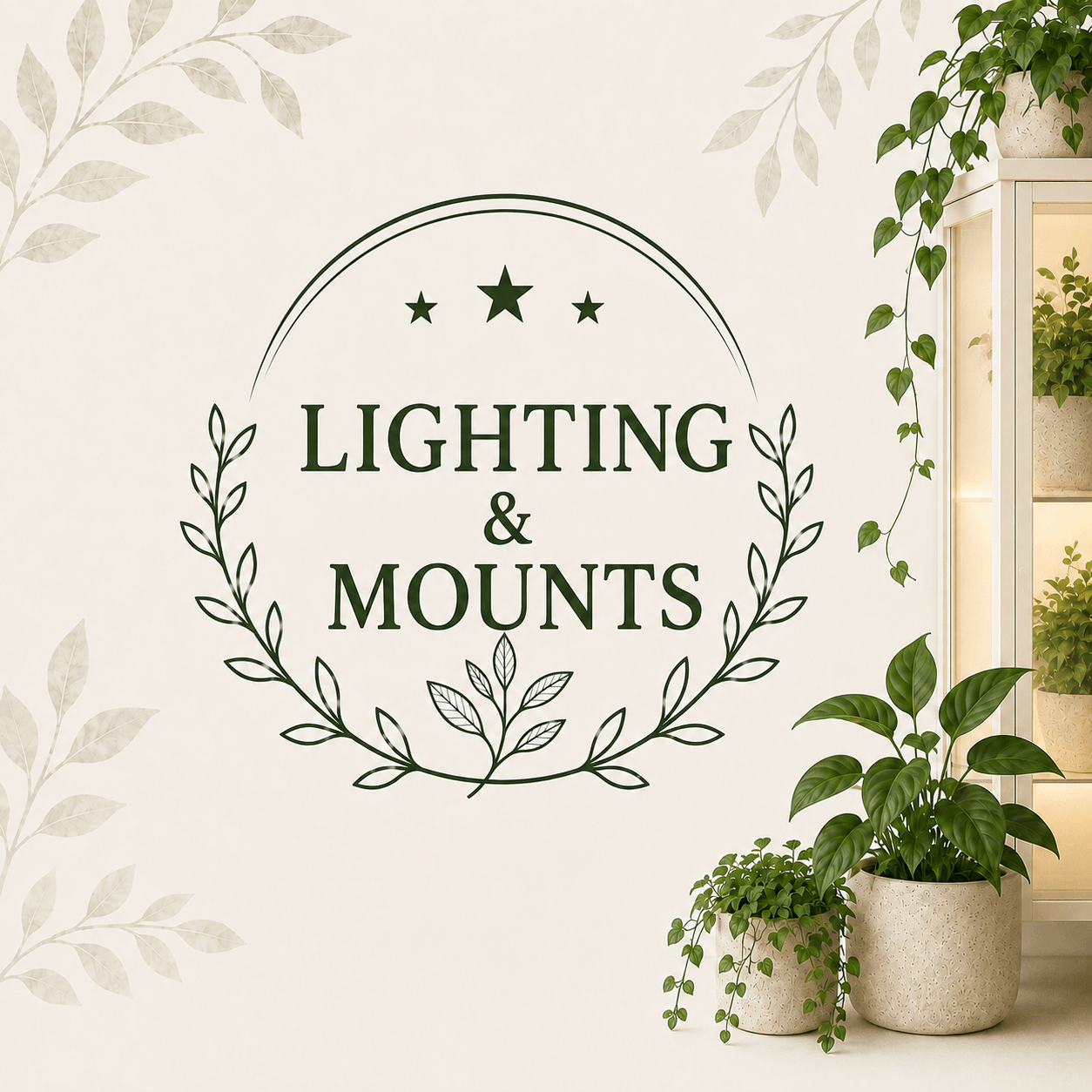 Lighting and Mounts collection graphic with a softly illuminated plant cabinet and houseplants.