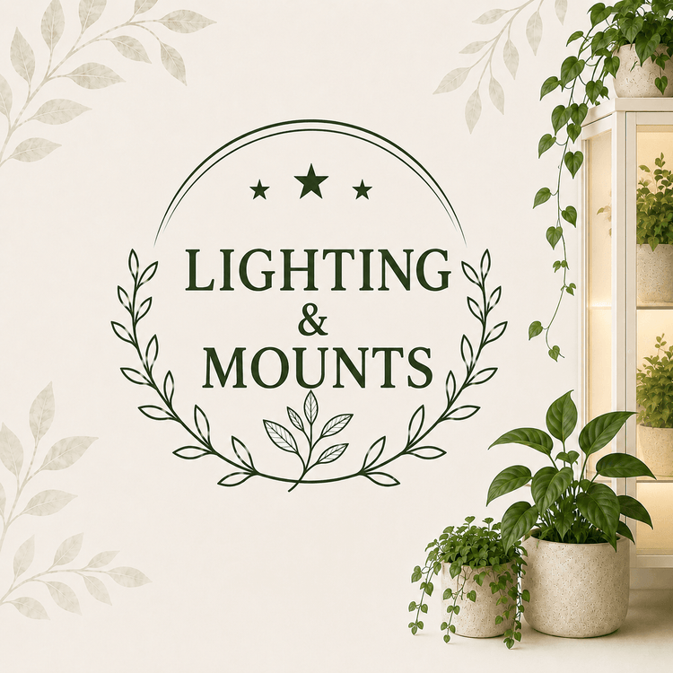 Lighting and Mounts collection graphic with a softly illuminated plant cabinet and houseplants.