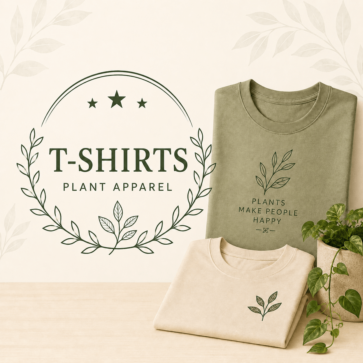 Plant lover T-shirts collection featuring earthy green and cream botanical apparel.
