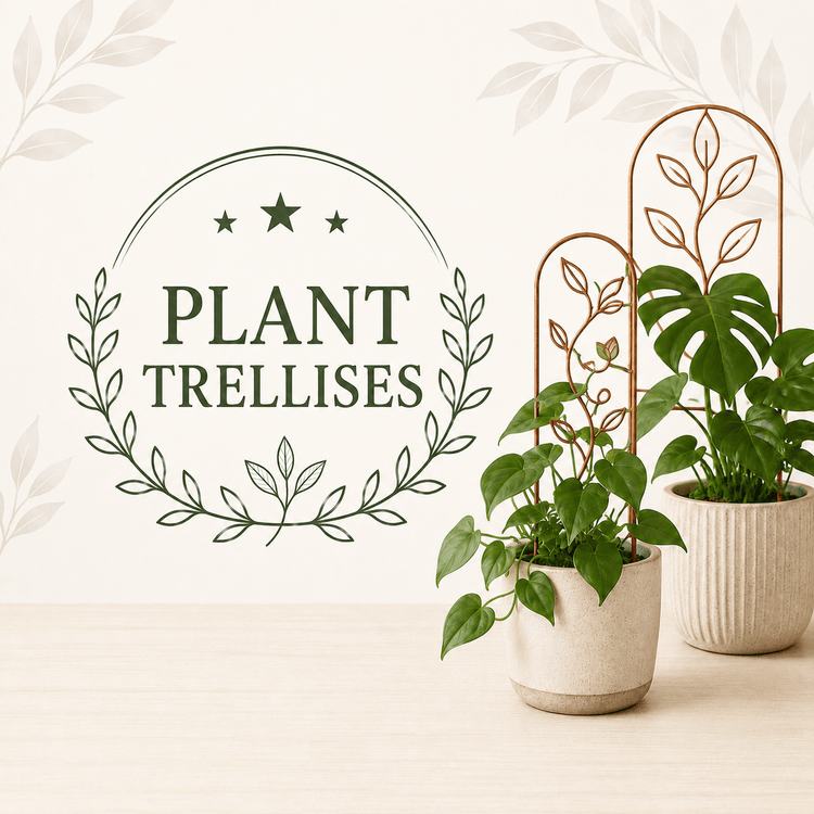 Plant Trellises collection featuring decorative copper-colored trellises displayed with climbing houseplants.