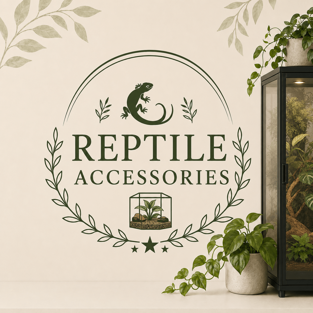 Reptile Accessories collection with a planted terrarium, houseplants, and botanical styling.