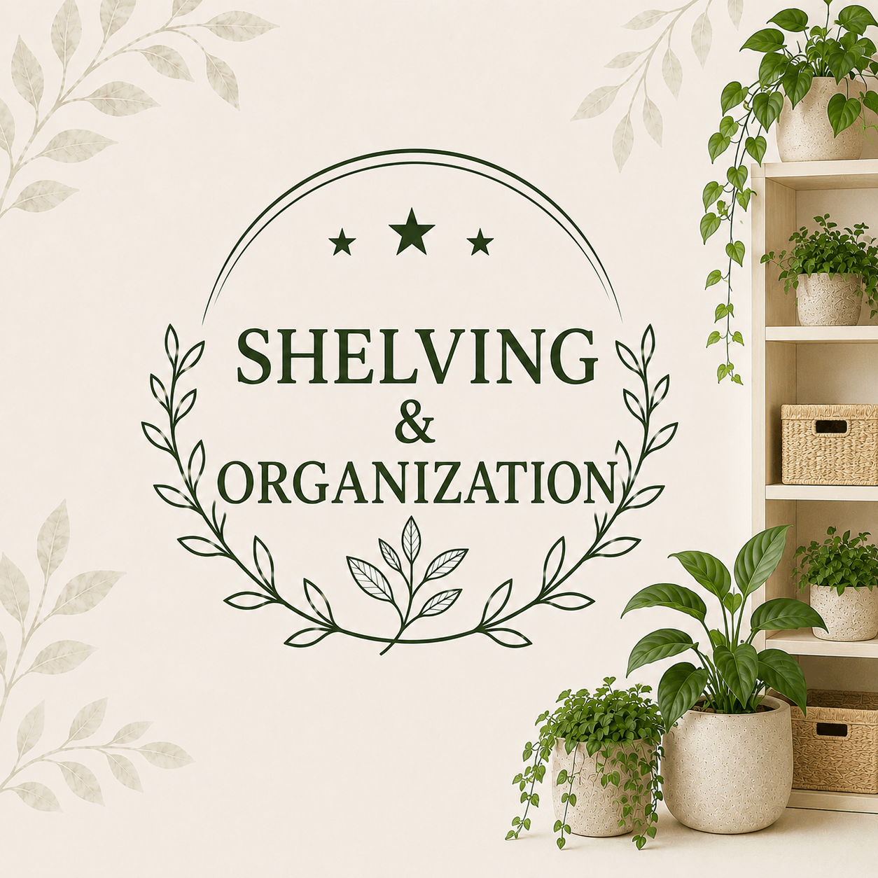 Shelving and Organization collection graphic with plant shelving, storage baskets, and houseplants.