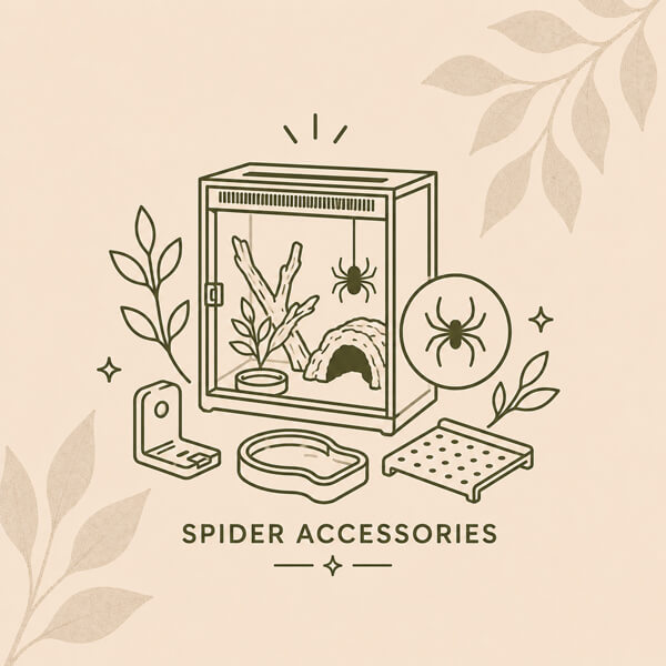 Spider accessories collection icon with terrarium and enclosure styling