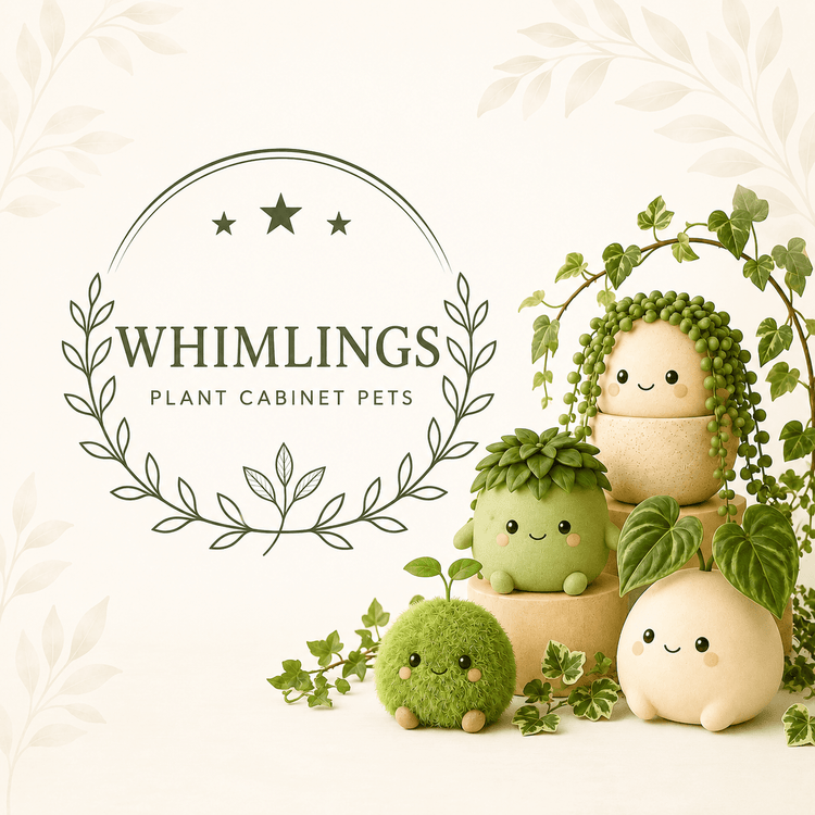 Whimlings Plant Cabinet Pets collection featuring cute plant-inspired characters and leafy botanical accents.