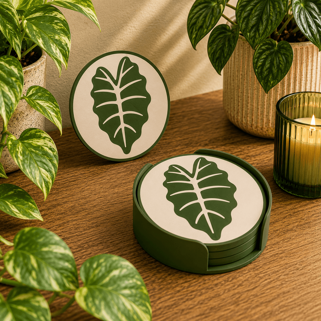 Alocasia leaf design 3D printed botanical coaster with matching dark green holder, displayed with houseplants and candle