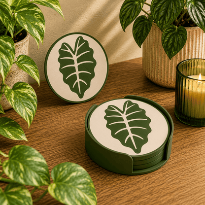 Alocasia leaf design 3D printed botanical coaster with matching dark green holder, displayed with houseplants and candle