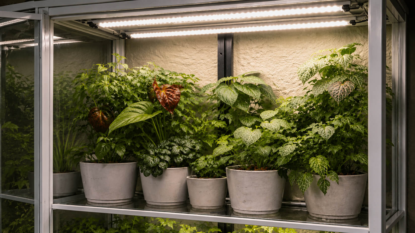 Potted plants under LED grow lights in a controlled environment
