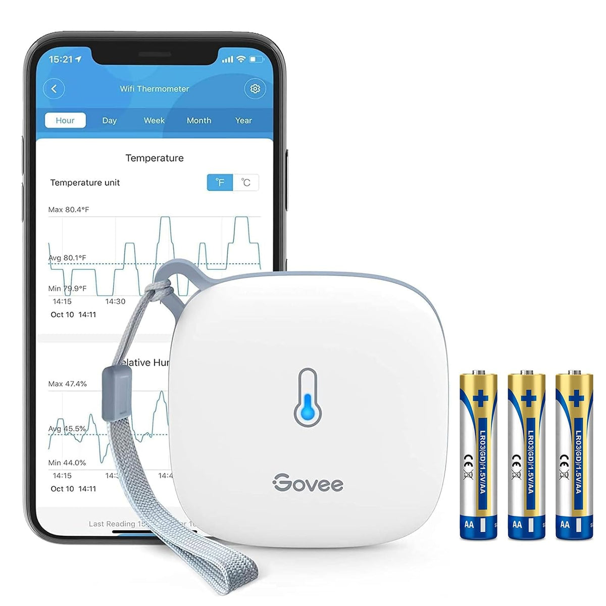 Govee Wi-Fi thermometer with smartphone app interface, batteries, and Govee logo on a white background