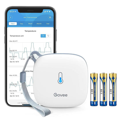 Govee Wi-Fi thermometer with smartphone app interface, batteries, and Govee logo on a white background
