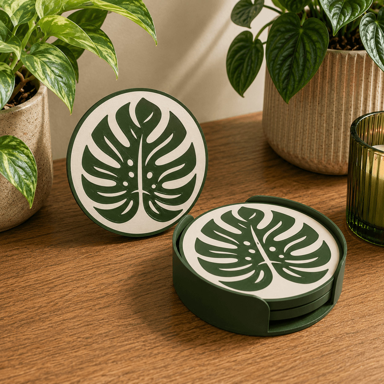 Monstera leaf botanical coaster set with matching holder — 3D printed in earthy green tones with cork backing, by WBDesignsLV"