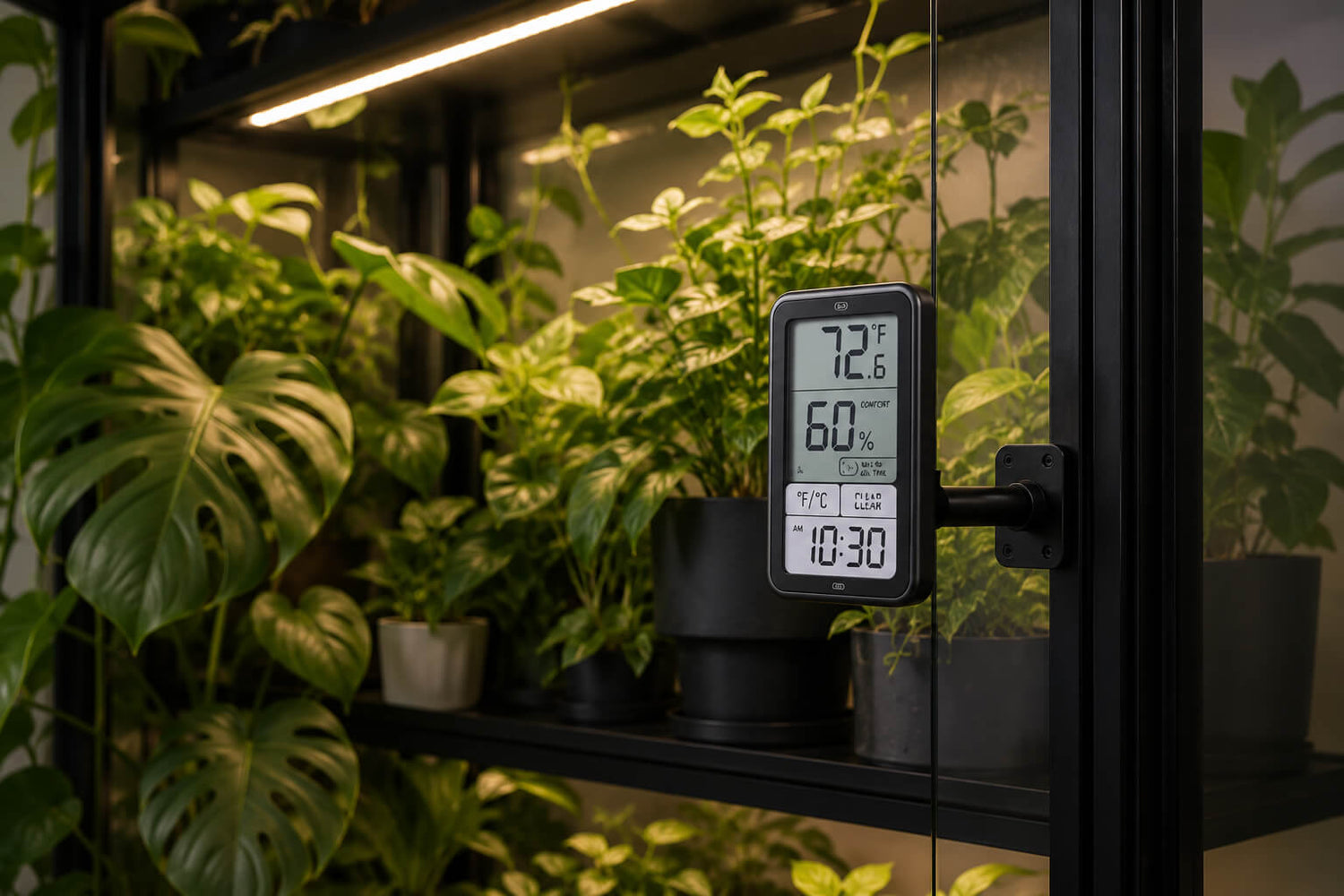 Digital thermometer on a shelf with plants in a home setting
