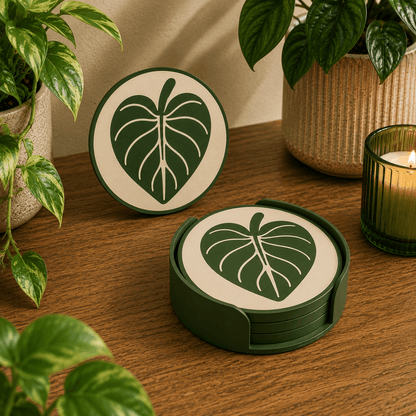 Philodendron leaf design 3D printed botanical coaster with matching dark green holder, styled with houseplants and candle"