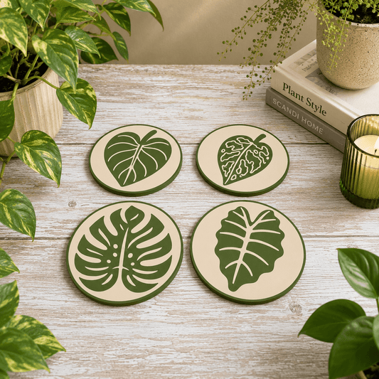 Complete set of four botanical leaf coasters featuring Philodendron, Variegated, Monstera, and Alocasia designs, 3D printed with cork backing