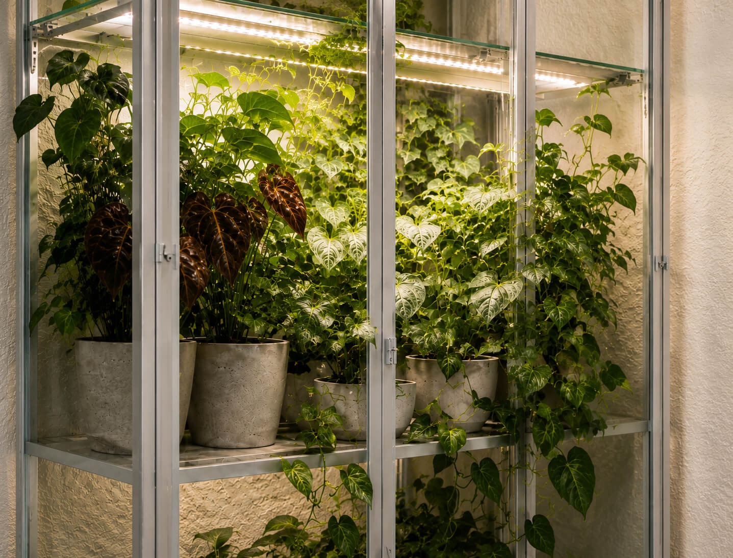 Indoor garden with potted plants inside a glass enclosure.