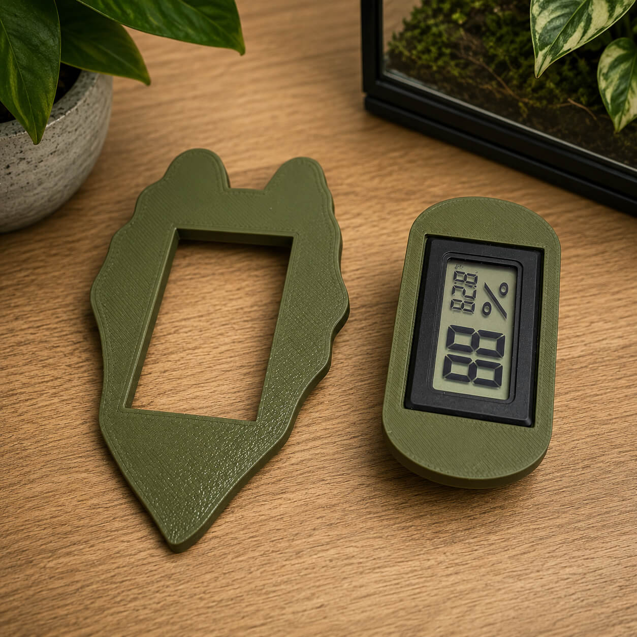 Alocasia leaf glass mount hygrometer parts flatlay – WBDesignsLV