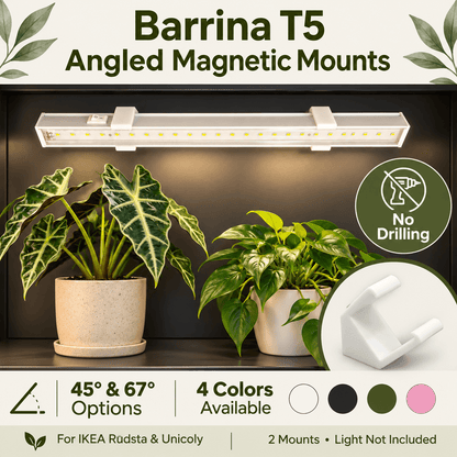 Barrina T5 angled magnetic mounts in a plant cabinet, highlighting no drilling, 45° and 67° options, and four colors for IKEA Rudsta and Unicoly. Light not included.