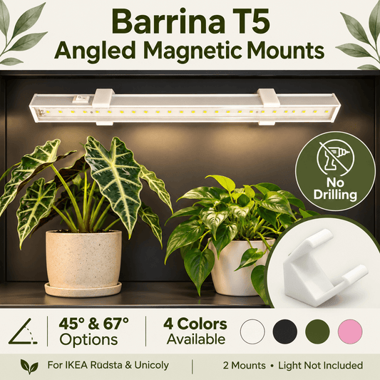 Barrina T5 angled magnetic mounts in a plant cabinet, highlighting no drilling, 45° and 67° options, and four colors for IKEA Rudsta and Unicoly. Light not included.