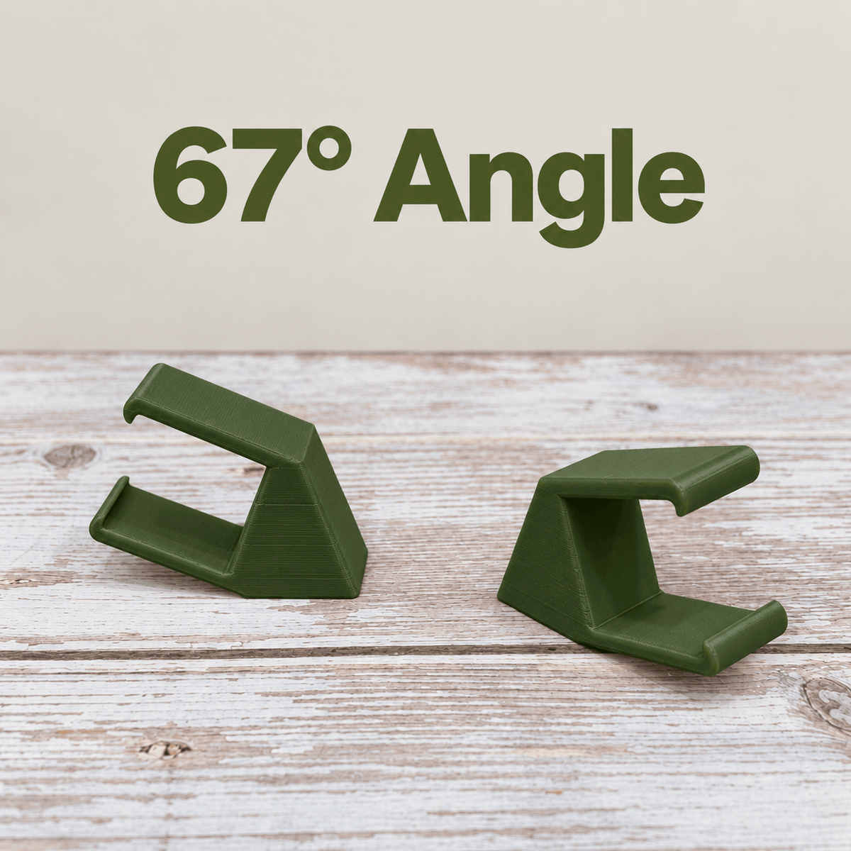 Two olive green PETG magnetic mounts for Barrina T5 grow lights on a pale wood surface, labeled 67° Angle.