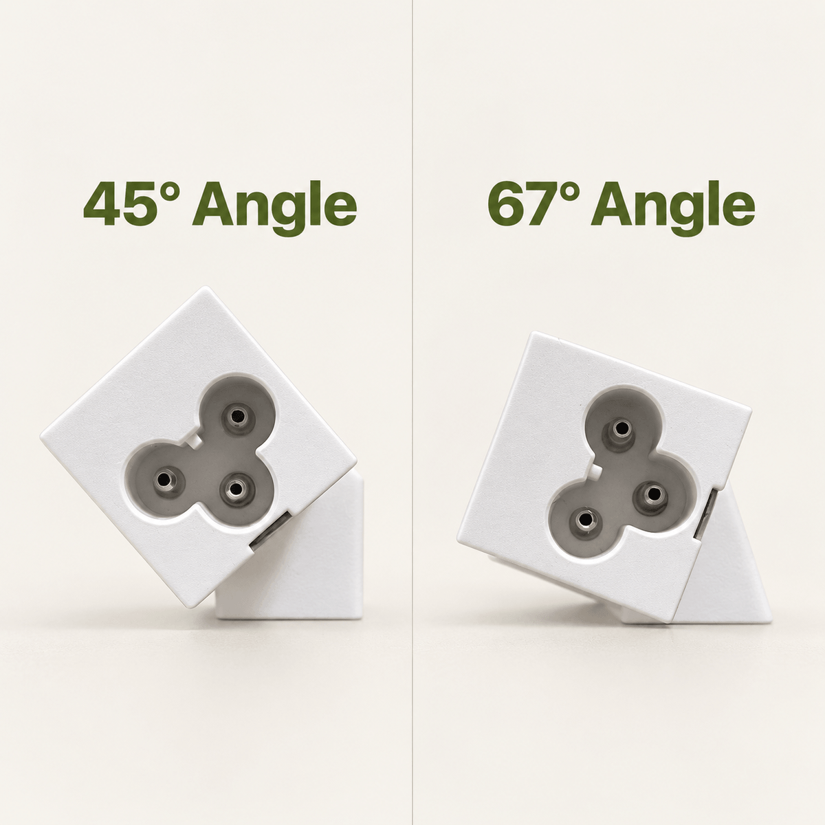 End-on comparison of a Barrina T5 light in white angled mounts, with the 45° option on the left and the 67° option on the right.