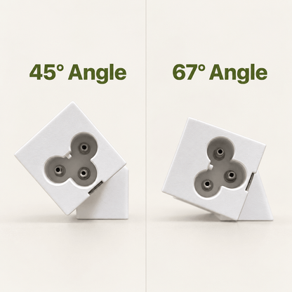 End-on comparison of a Barrina T5 light in white angled mounts, with the 45° option on the left and the 67° option on the right.