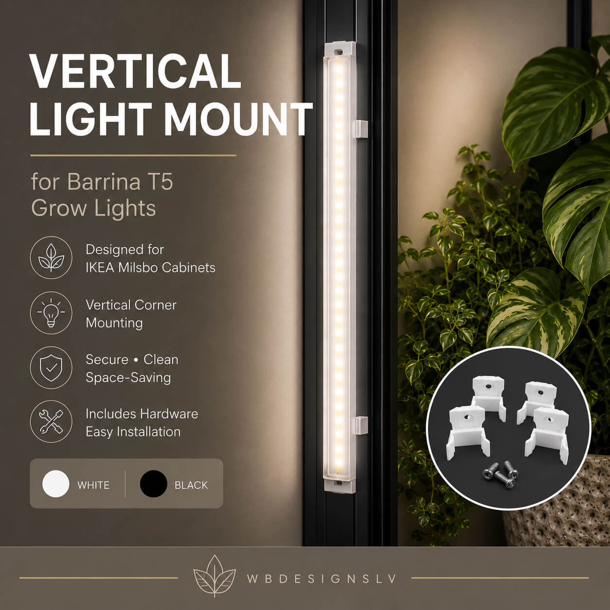 Vertical light mount for Barrina T5 grow lights with IKEA Milsbo cabinets compatibility.