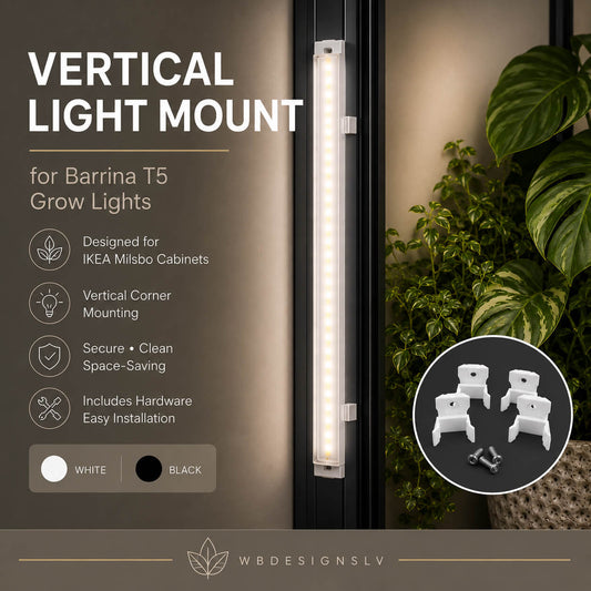 Vertical light mount for Barrina T5 grow lights with IKEA Milsbo cabinets compatibility.