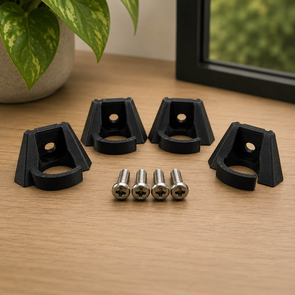 Black corner protectors with screws on a wooden surface, with a plant in the background.