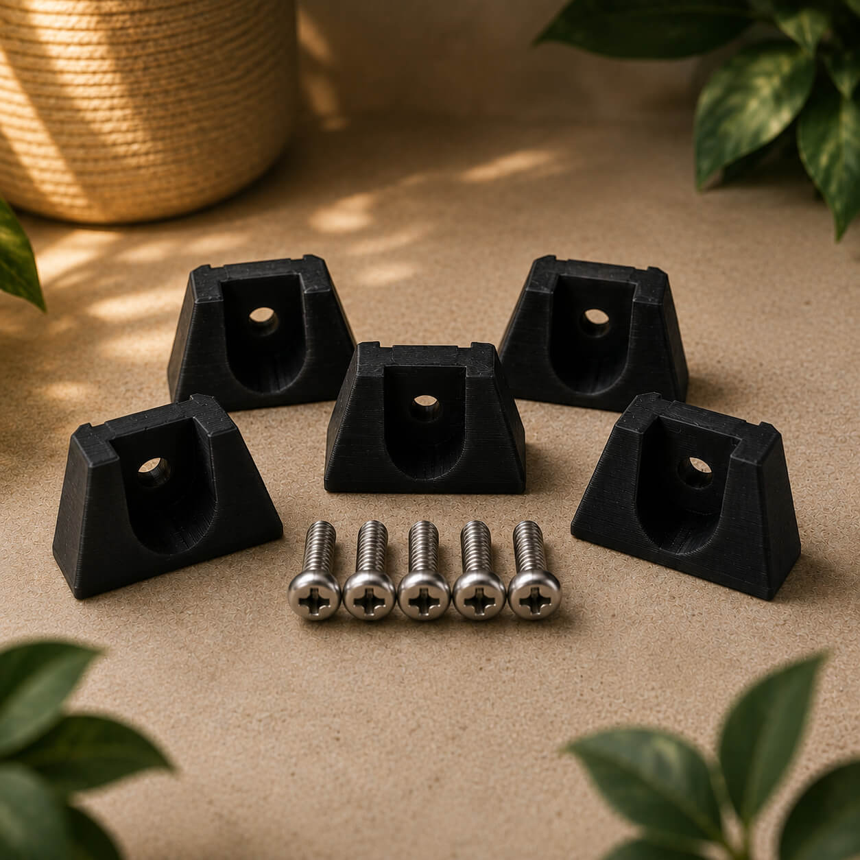 Set of black corner protectors with screws on a beige surface with plants around