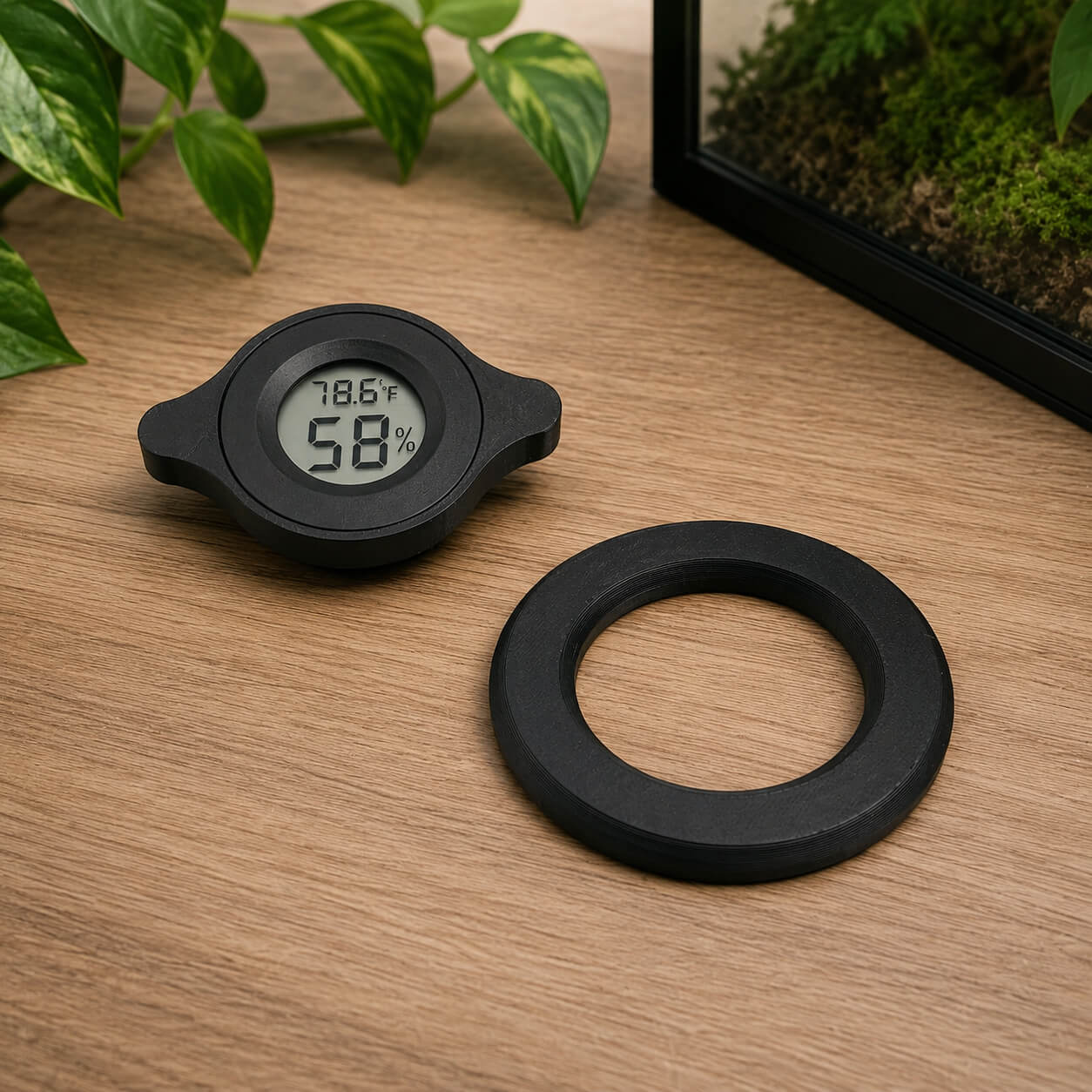 Black magnetic round hygrometer parts flatlay – WBDesignsLV